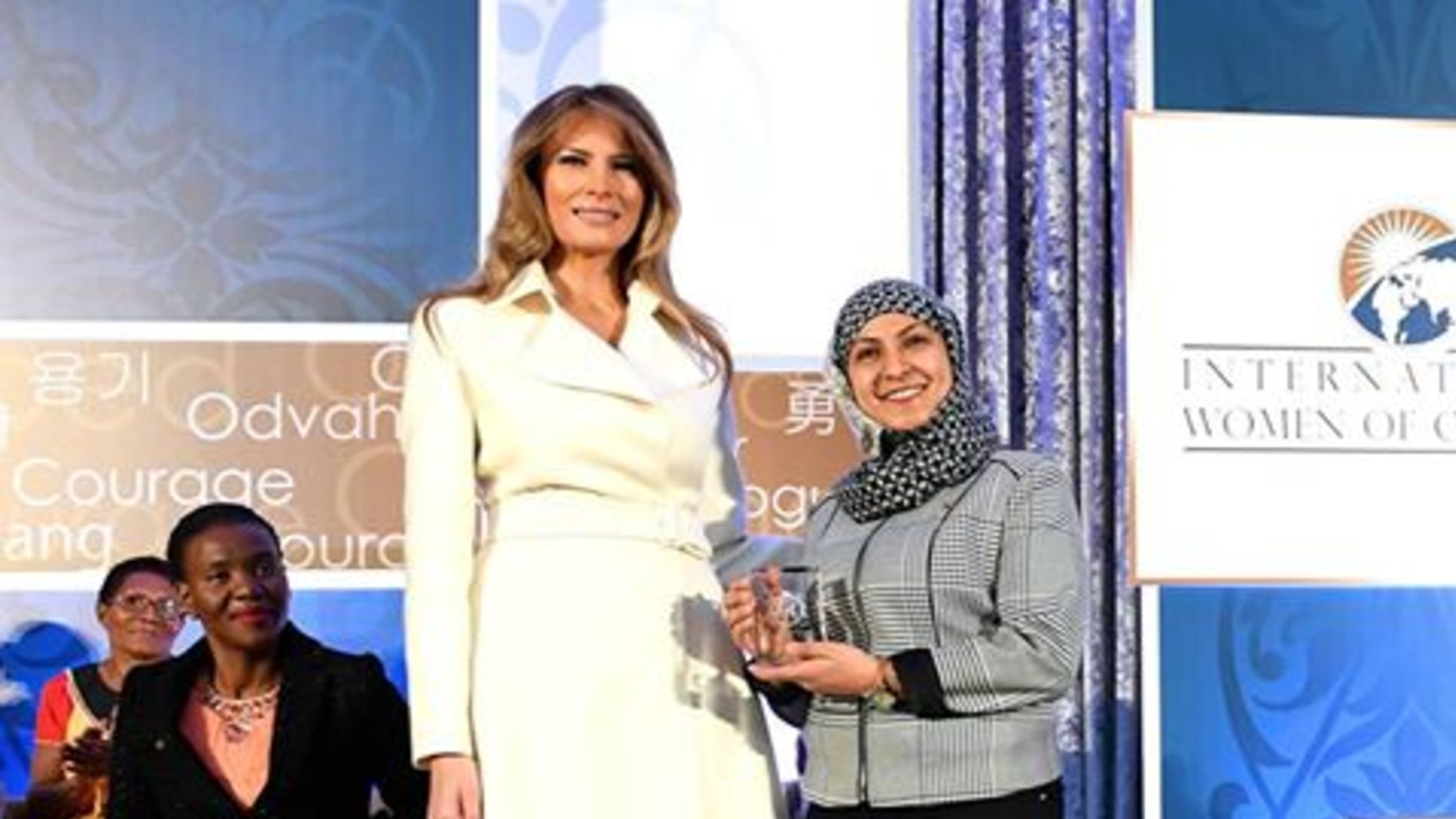 Tawakkol Karman congratulates Fadia Thabet from Yemen on 2017 International Women of Courage Award